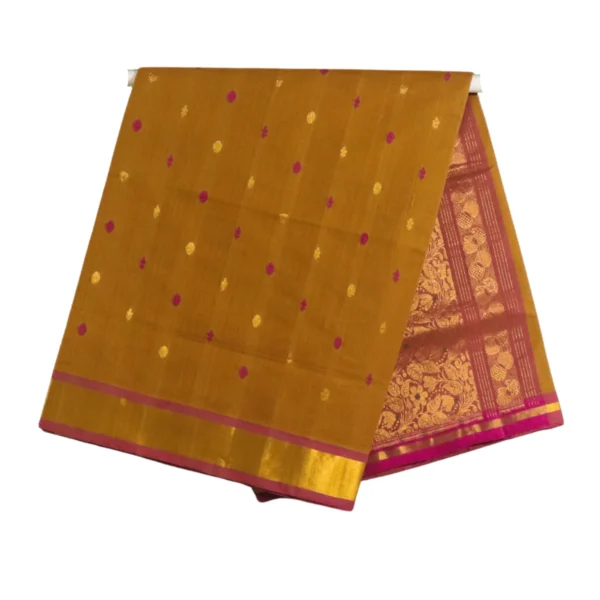 Dual Shade Mustard–Magenta Pure Handloom Venkatagiri Saree with Handwoven Buti and Elegant Zari Border