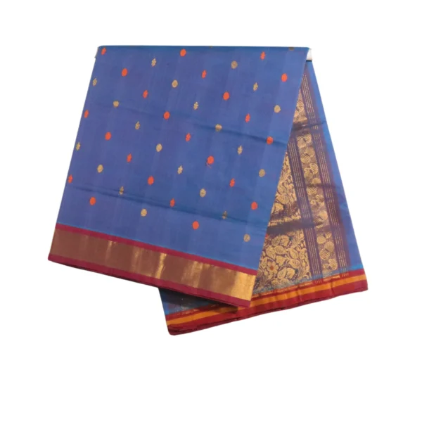 Venkatagiri Pure Cotton Saree in Dual Shade Royal Blue and Maroon with Handwoven Zari Buttas and Elegant Zari Kaddi Border