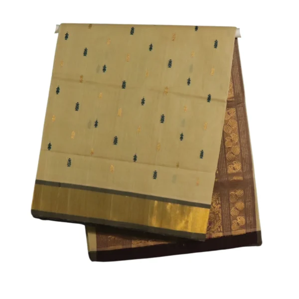 Venkatagiri Pure Handloom Cotton Saree in Light Sand Beige with Navy Blue and Gold Handwoven Zari Butis and Rich Maroon Zari Kaddi Border