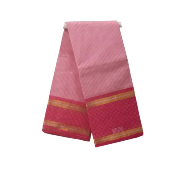 Venkatagiri Pure Cotton Saree – Baby Pink with Gold Zari Border & Vertical Stripes