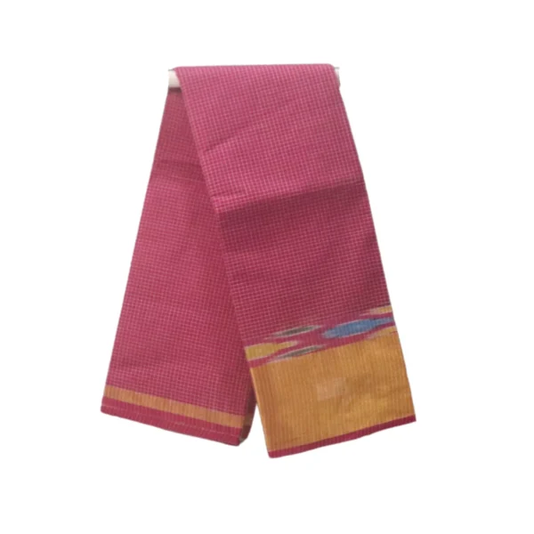 Venkatagiri Pure Cotton Woven Saree with Traditional Zari White Checkered Pattern and Ikkat Kadi Border (Pink)