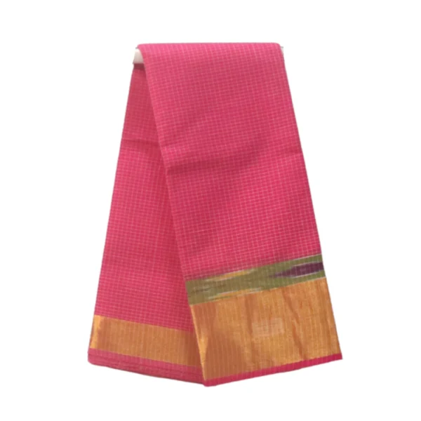 Venkatagiri Pure Cotton Woven Saree with Traditional Zari White Checkered Pattern and Ikkat Kadi Border (Bright Pink)