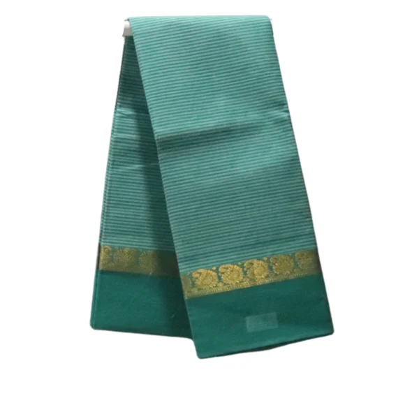 NB Cotton World Venkatagiri Pure Cotton Saree in Sea Green with Subtle Striped Weave and Gold Floral Zari Border (Without Blouse Piece)