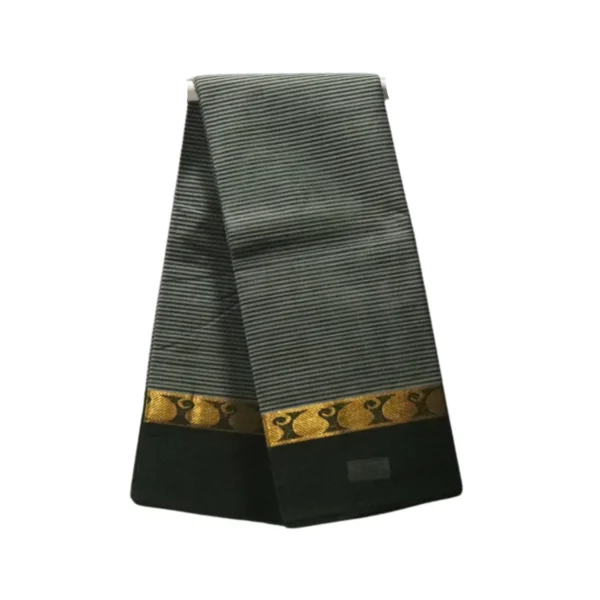 NB Cotton World Venkatagiri Pure Cotton Saree in Bottle Green with Subtle Striped Weave and Gold Peacock Zari Border (Without Blouse Piece)