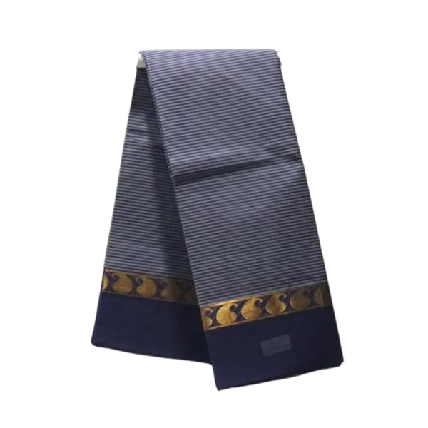 NB Cotton World Venkatagiri Pure Cotton Saree in Navy Blue with Subtle Striped Weave and Gold Peacock Zari Border (Without Blouse Piece)