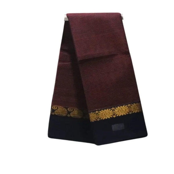 NB Cotton World Venkatagiri Pure Cotton Saree in Deep Maroon with Fine Striped Weave and Gold Floral Zari Border (Without Blouse Piece)
