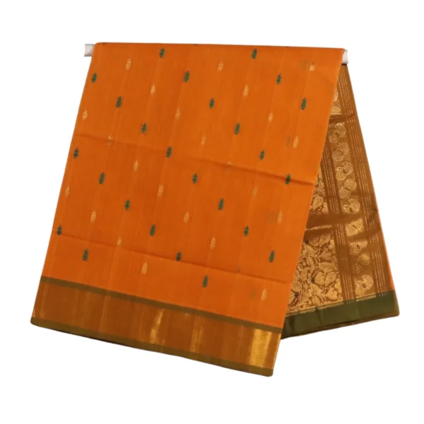 Venkatagiri Pure Handloom Cotton Saree in Bright Orange with Green and Gold Handwoven Zari Buttas and Rich Gold Zari Kaddi Border