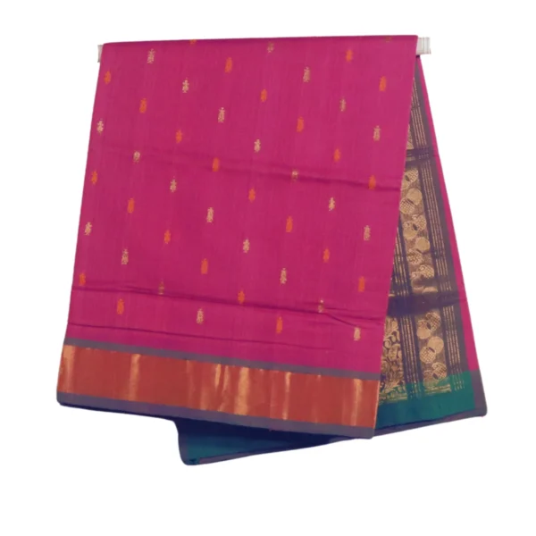 Venkatagiri Pure Handloom Cotton Saree in Deep Magenta Pink with Orange and Gold Handwoven Zari Buttas and Elegant Gold Zari Kaddi Border