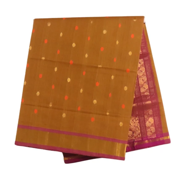 Venkatagiri Pure Handloom Cotton Saree in Golden Brown with Orange and Gold Handwoven Zari Buttas and Elegant Magenta-Gold Zari Kaddi Border