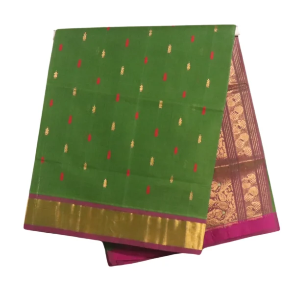 Venkatagiri Pure Handloom Cotton Saree in Leaf Green with Red and Gold Handwoven Zari Buttas and Elegant Magenta-Gold Zari Kaddi Border