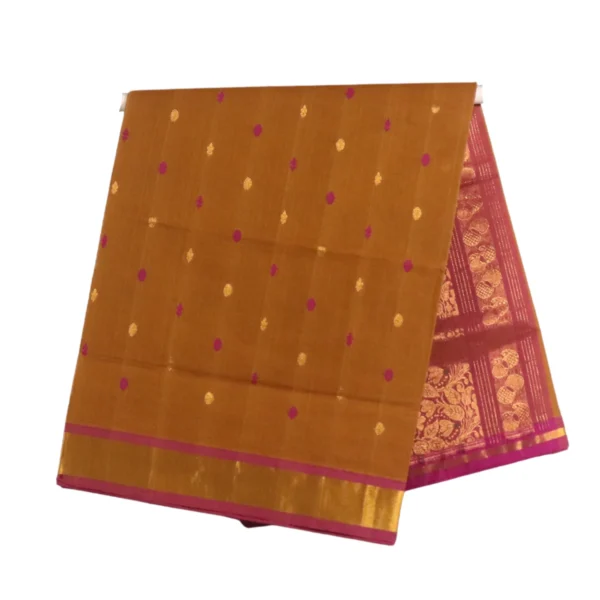 Venkatagiri Pure Handloom Cotton Saree in Golden Brown with Magenta and Gold Handwoven Zari Buttas and Elegant Magenta-Gold Zari Kaddi Border