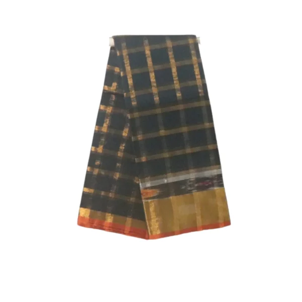 NB COTTON WORLD Venkatagiri Pure Cotton Saree Gold Zari Checks with Gold Zari Border(Dark Green)